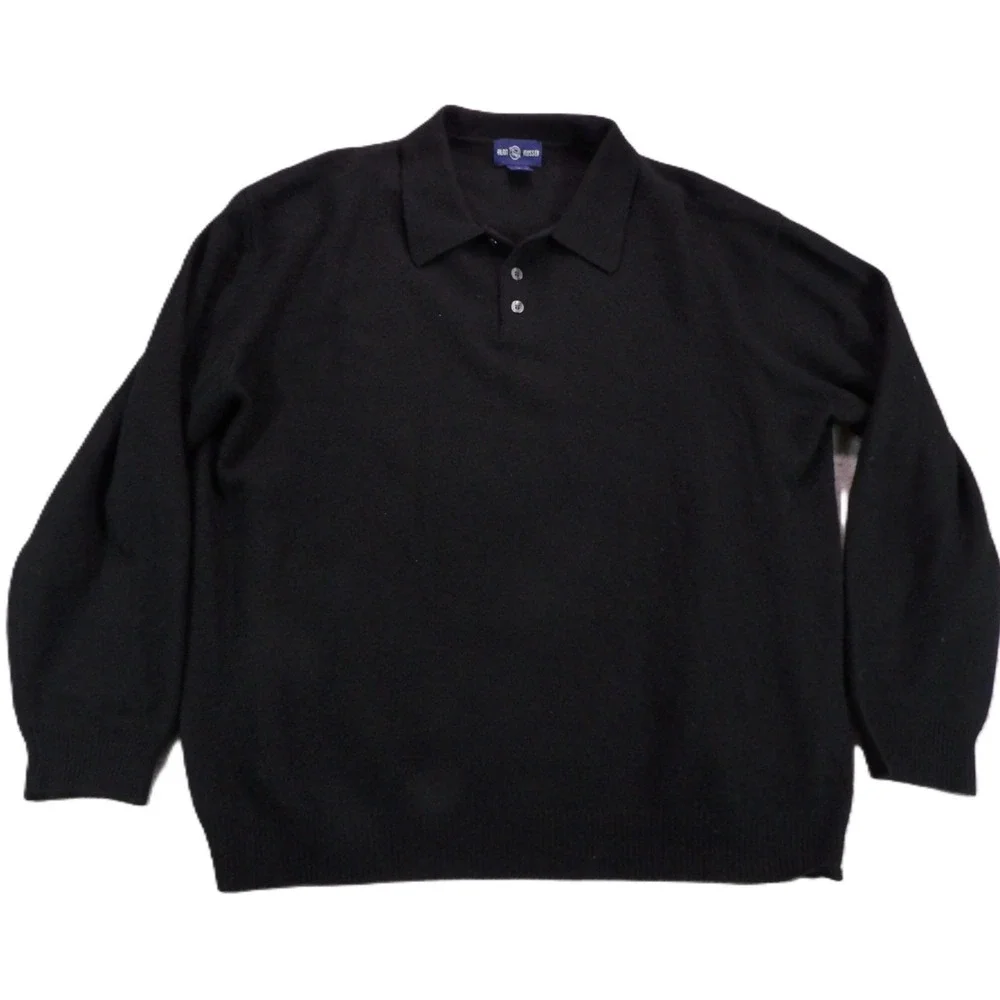 Alan Flusser Cashmere Polo Sweater Men XL Black Long Sleeve Button Neck Knit Top